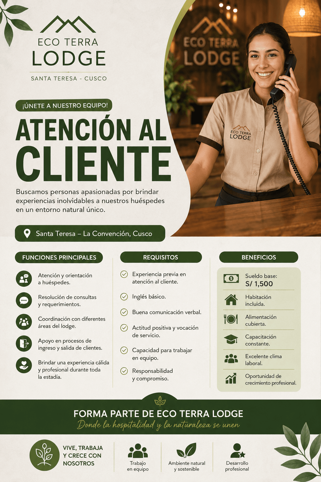 Atención al Cliente para Eco Terra Lodge | Hospedaje, Alimentación y Capacitación Incluidas - Imagen Principal