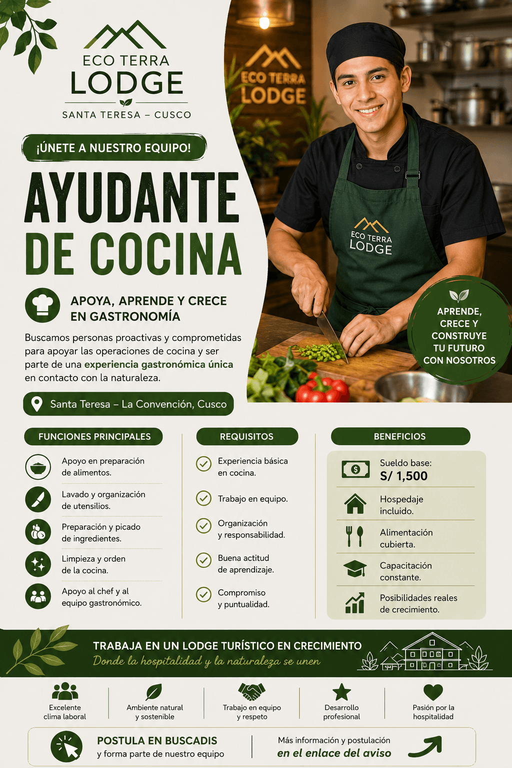 Ayudante de Cocina para Eco Terra Lodge | Alimentación y Hospedaje Incluidos