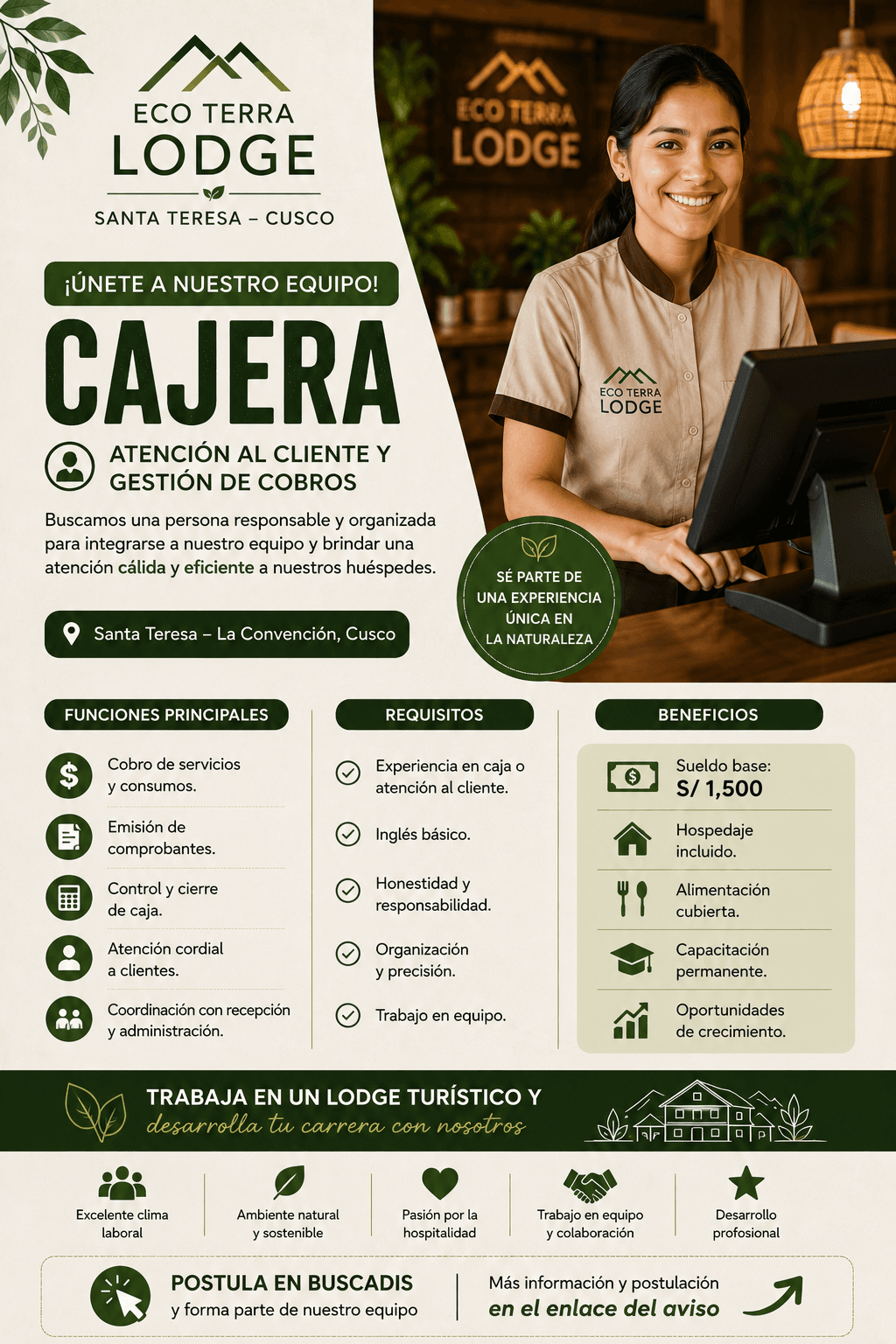 Cajera para Eco Terra Lodge | Atención al Cliente y Gestión de Cobros