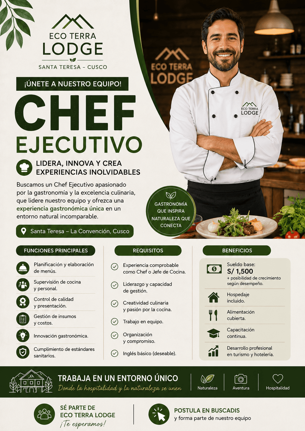 Chef Ejecutivo para Eco Terra Lodge | Lidera una Experiencia Gastronómica Única