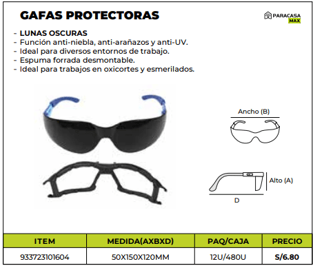 Gafas Protectoras Oscuras Anti-Niebla y Anti-UV Desmontables