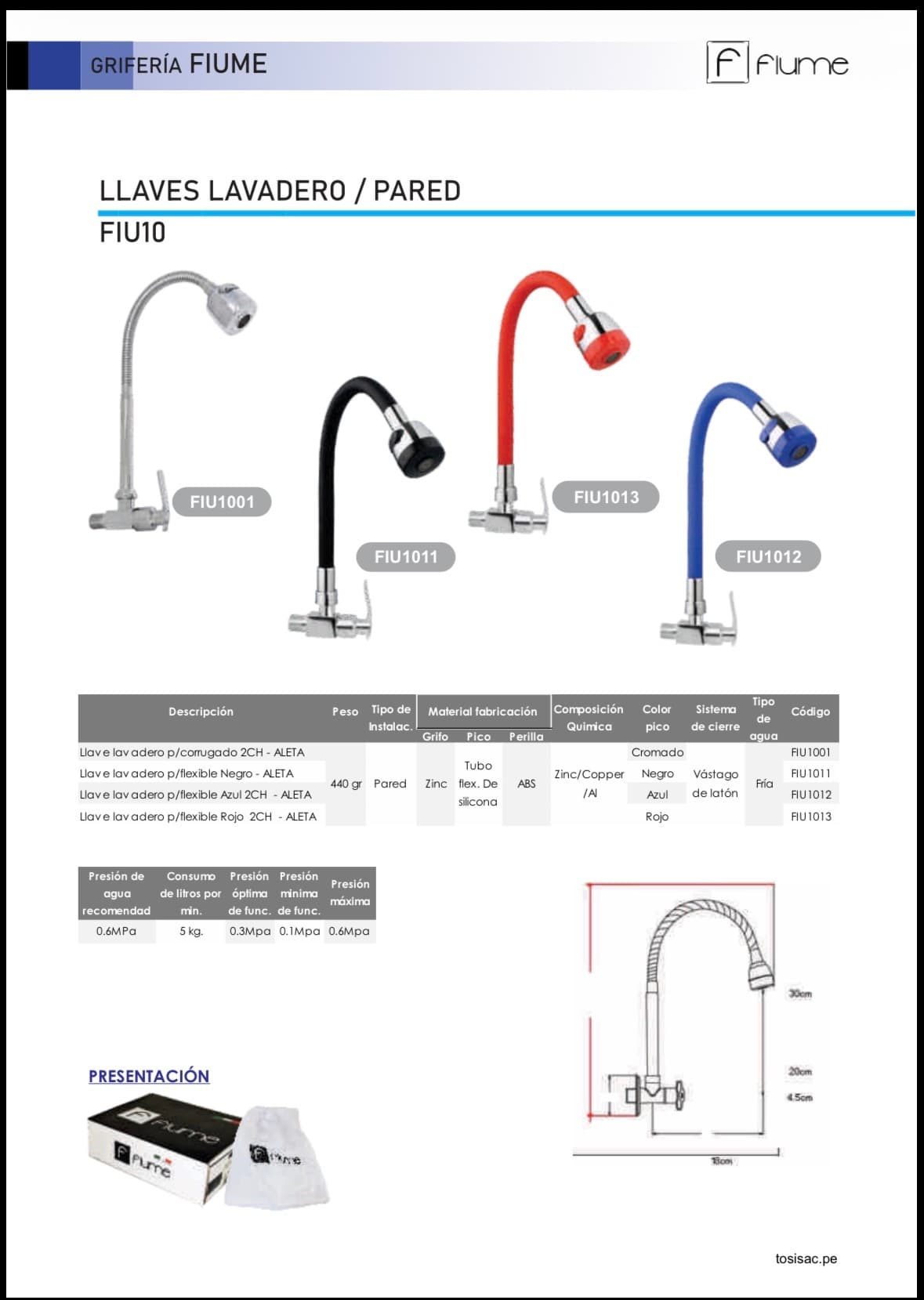 Grifería Fiume FIU10: Llave Lavadero Flexible de Pared